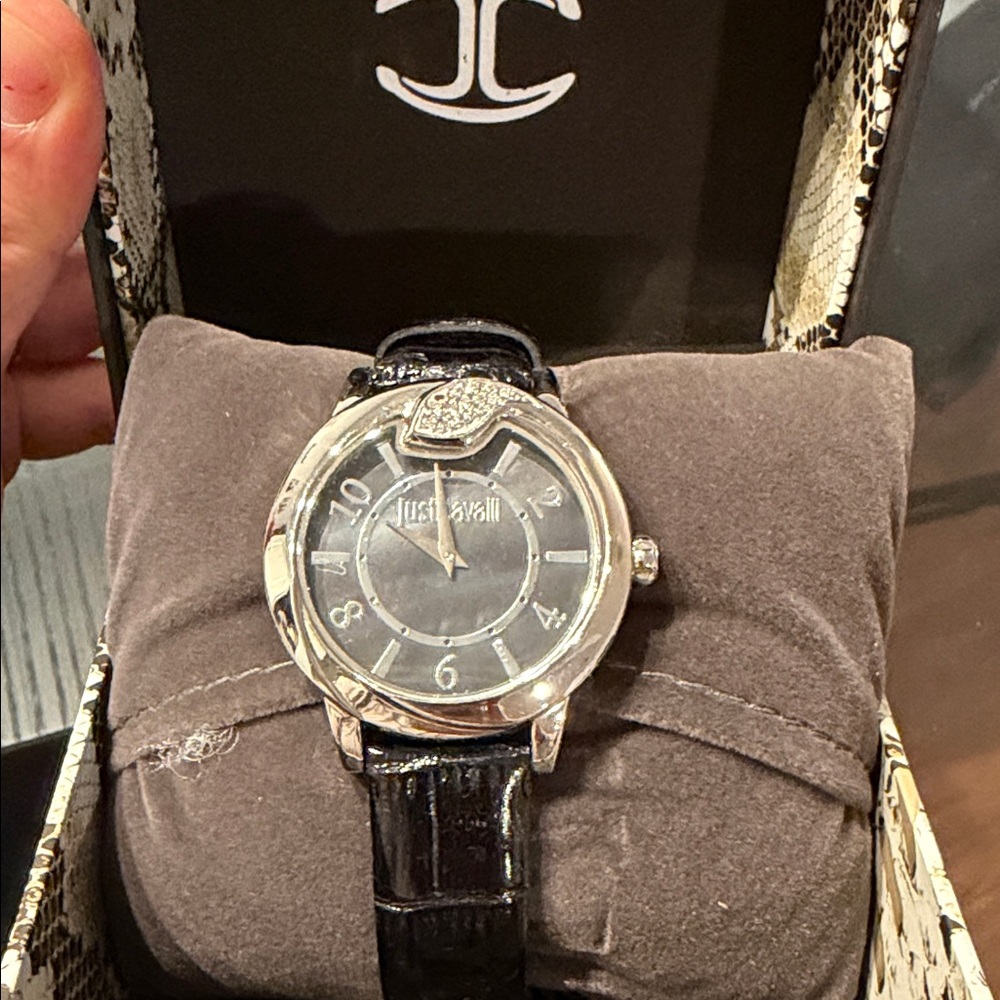 Just Cavalli Women’s Black Leather Quartz Watch -Silver tone via